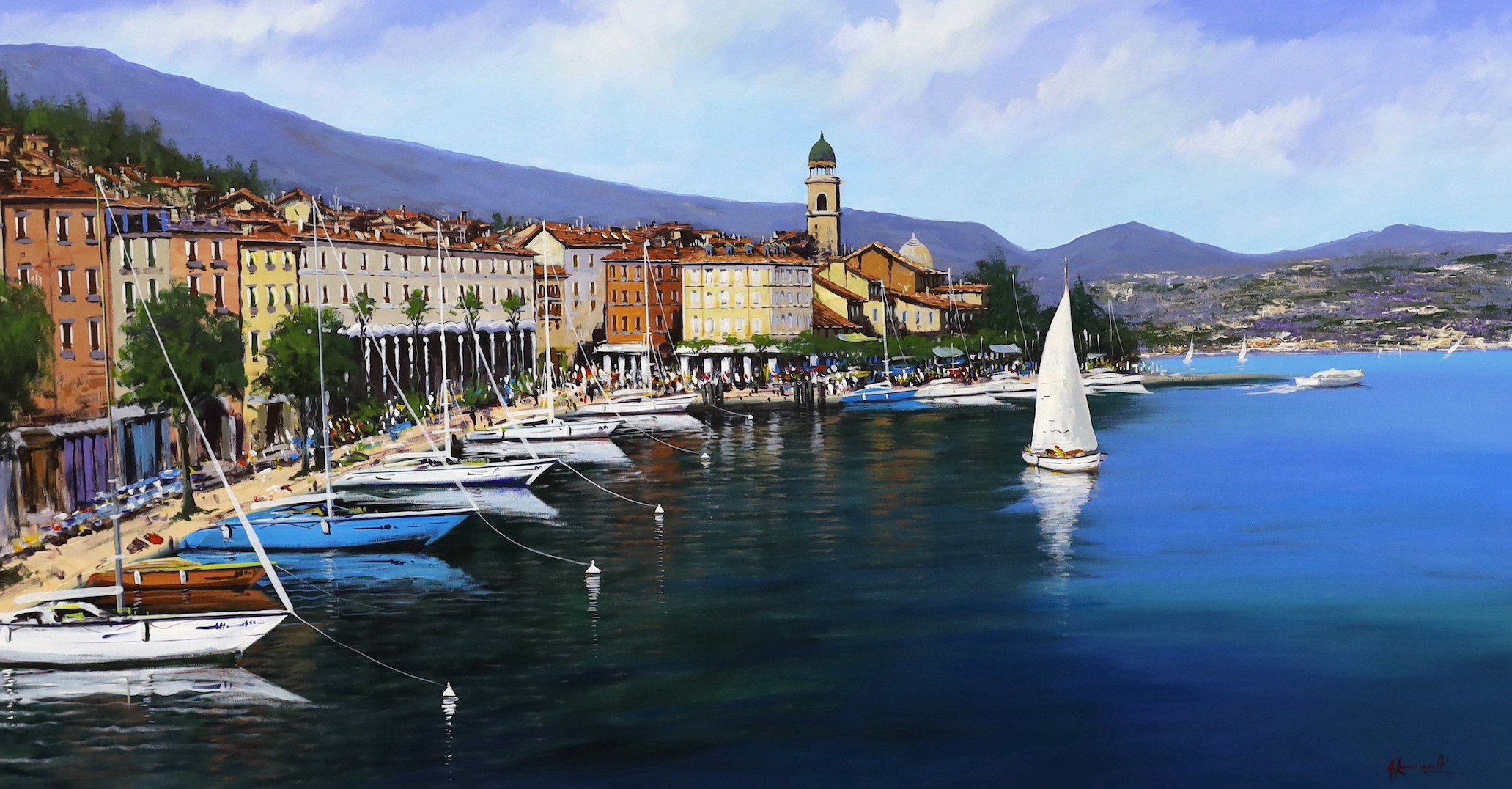 Contemporary Italian School, oil on canvas, View of Salo, indistinctly signed Antonio ..., 79 x 148cm